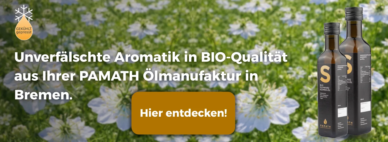 PAMATH Bio-Öle vor Blüten; unverfälschte Aromatik in Bio-Qualität aus der Bremer Ölmanufaktur. Bio-Öle entdecken.