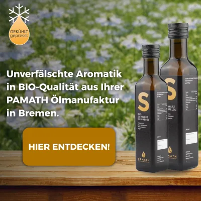 PAMATH Bio-Öle vor Blüten; unverfälschte Aromatik in Bio-Qualität aus der Bremer Ölmanufaktur. Bio-Öle entdecken.